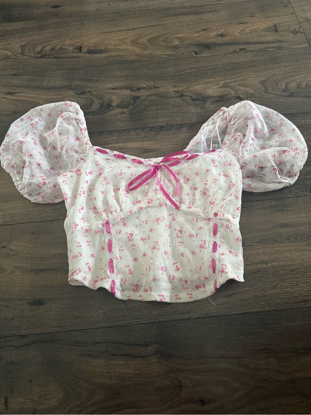 Girls White Crop Top with Pink Floral Print and Puff Sleeves